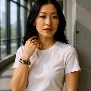 BCBG “Fearless” Charm Teal Leather Bracelet w/Rose Gold Letters & hardware/snaps